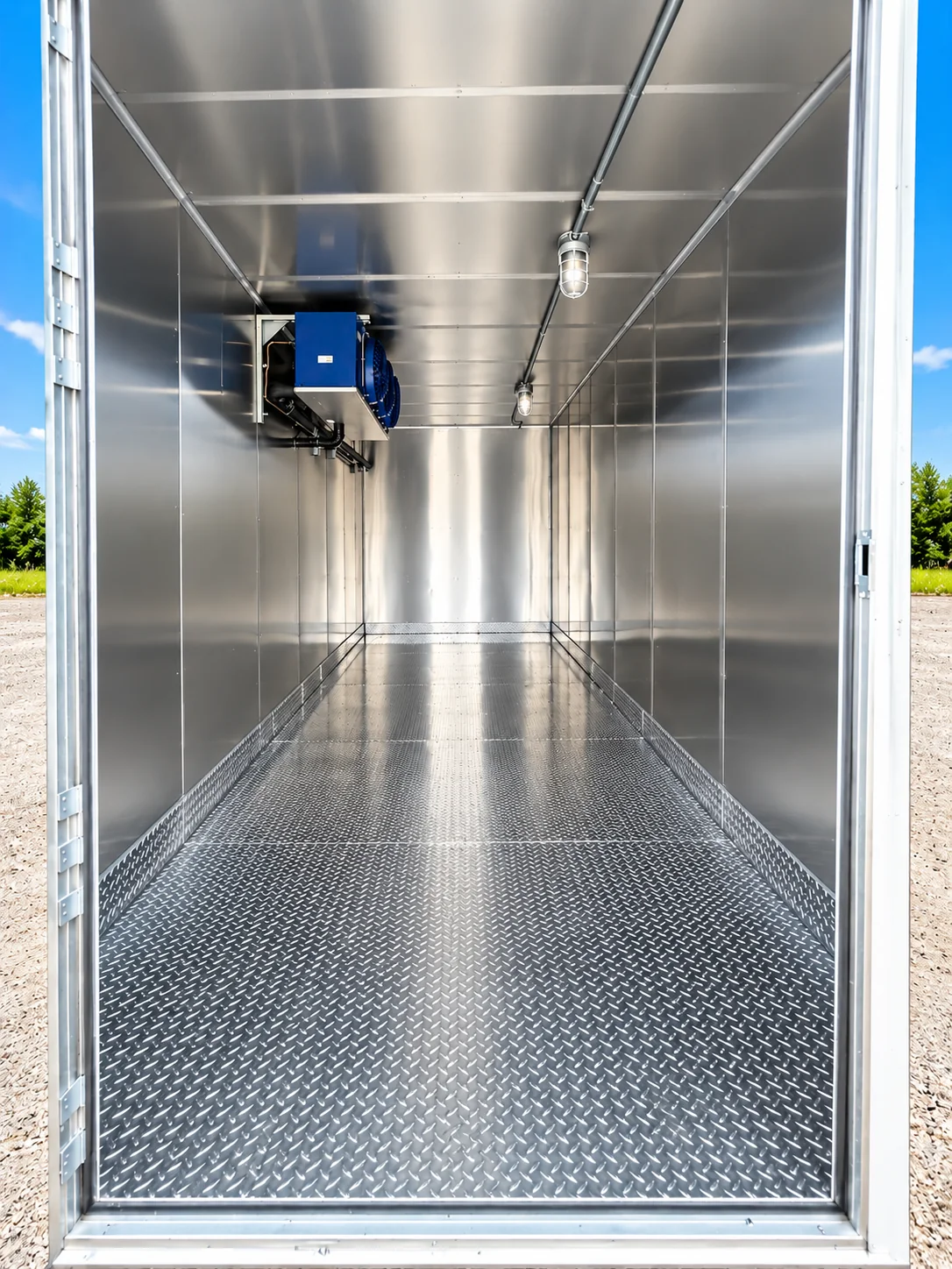Stainless steel cold-storage interior viewed from the doorway