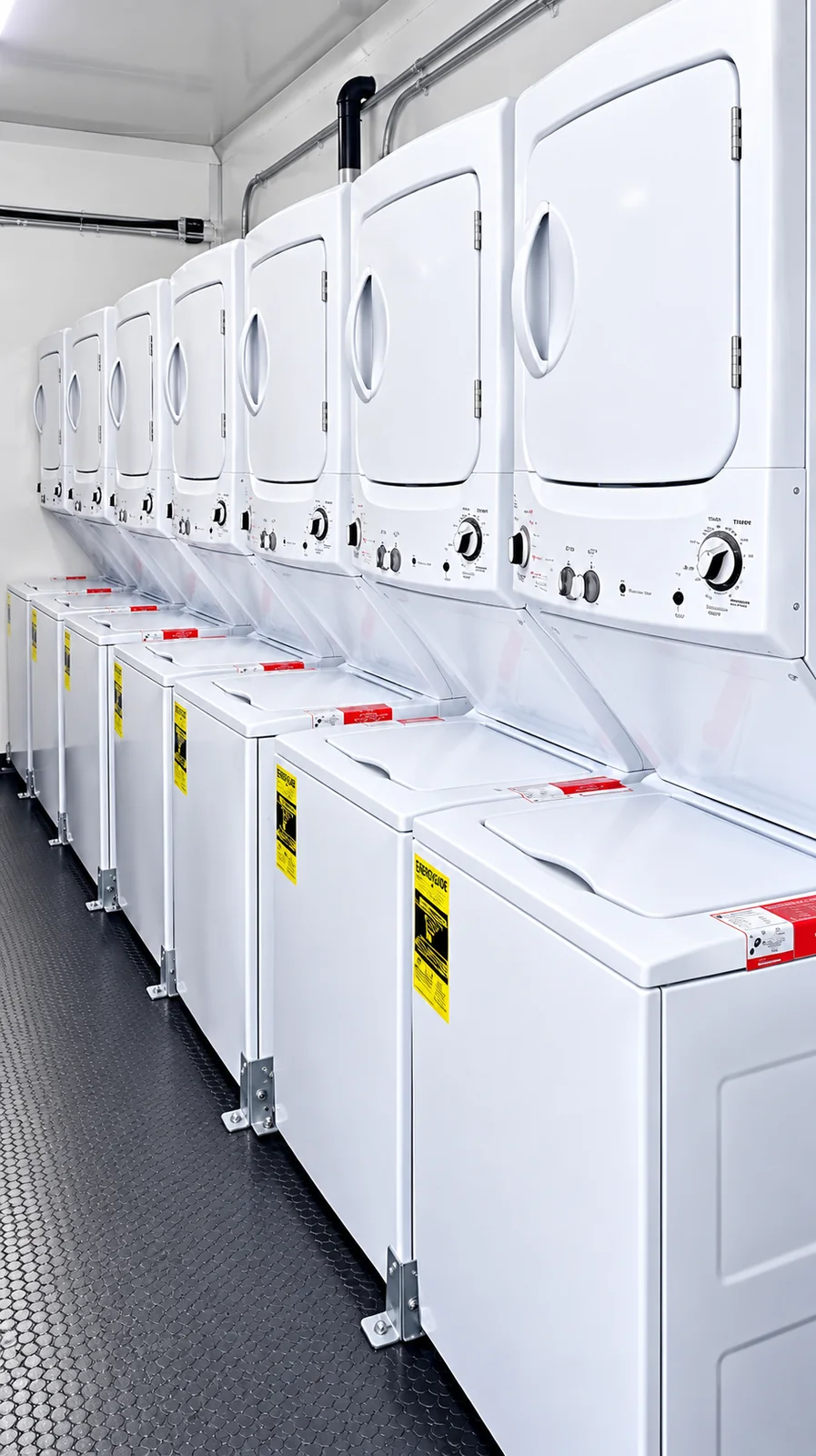 Laundry trailer interior with washers below dryers