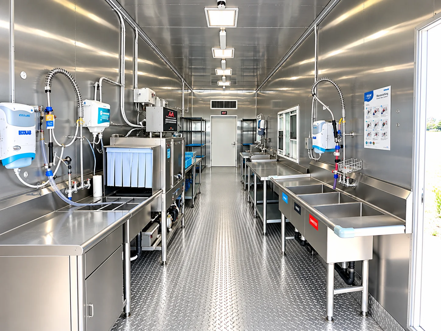 Dishwashing trailer working aisle and equipment