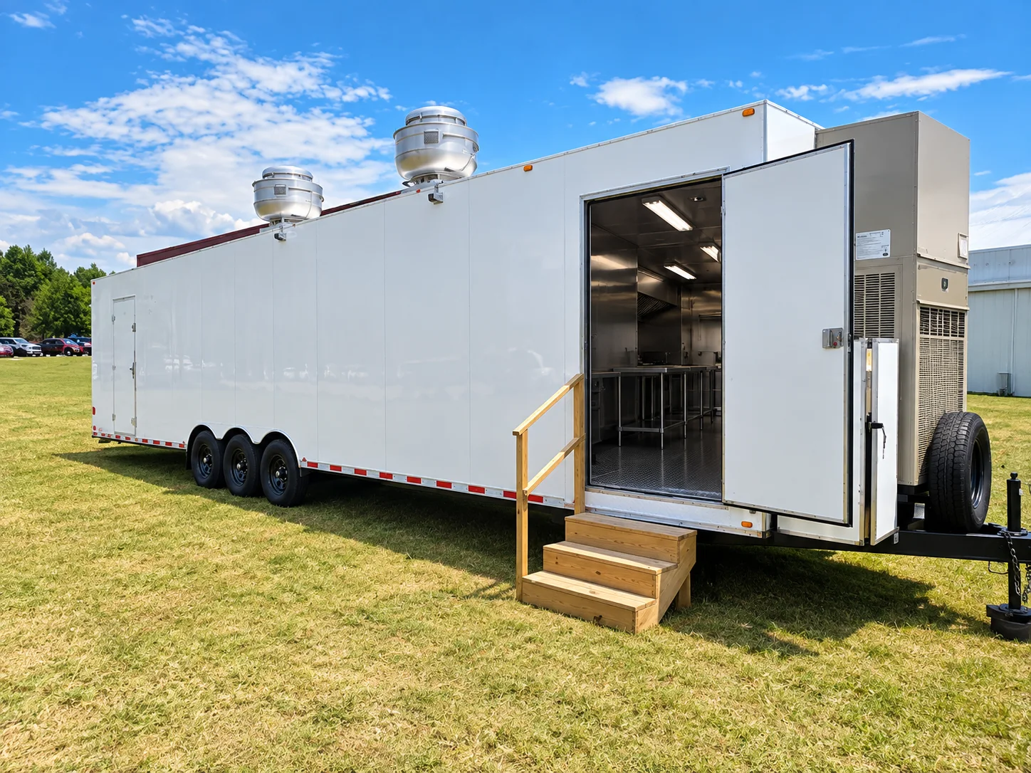 Mobile kitchen trailer exterior with open entry