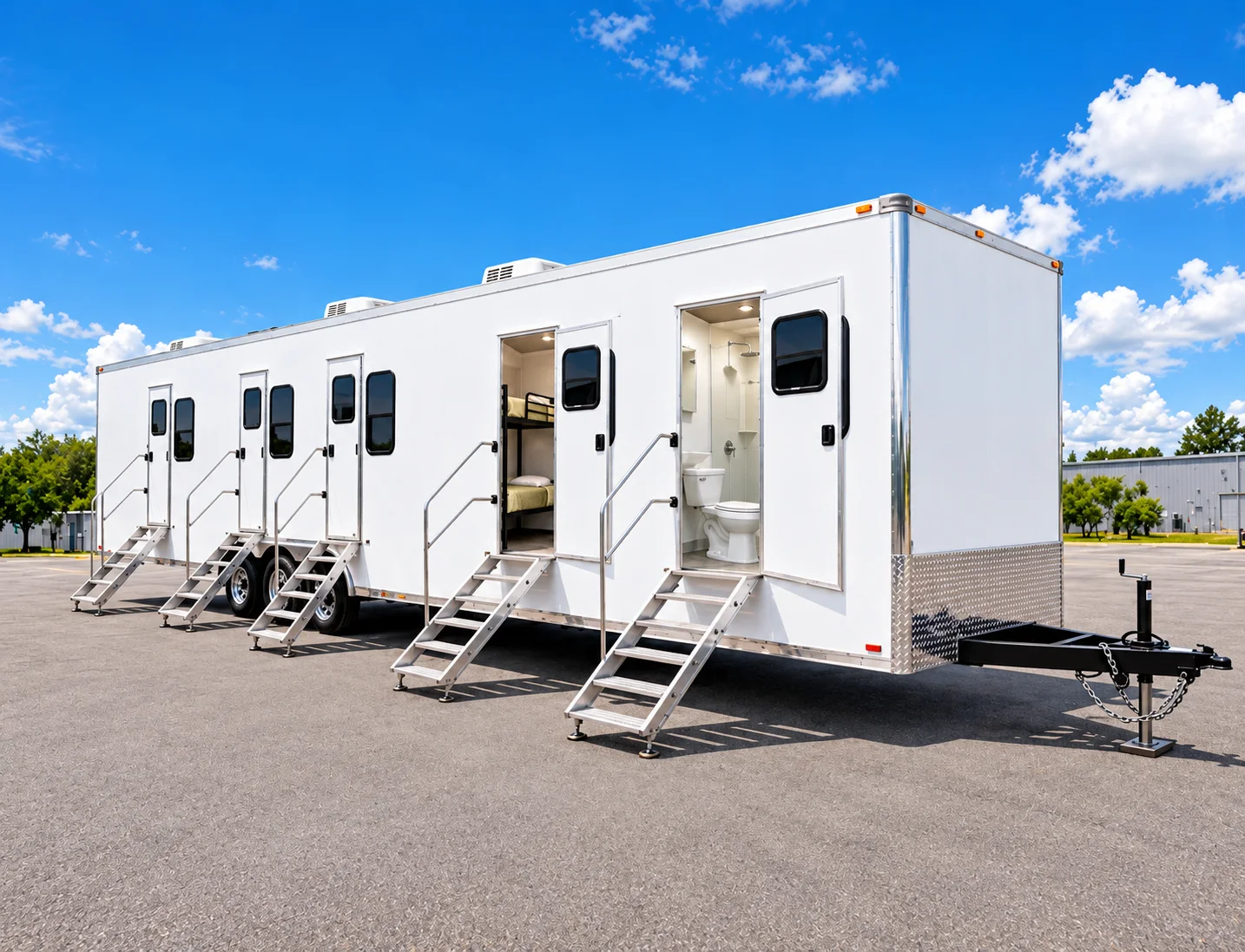 Multiroom trailer exterior with separate entries and portable steps